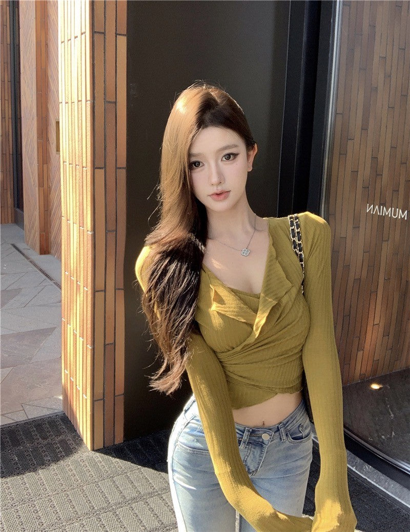 ''Na+''純色愛戀 復古波浪花邊收腰彈力上衣 芥末綠/奶杏色