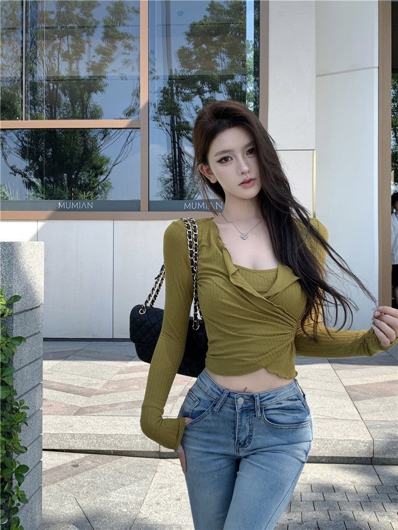 ''Na+''純色愛戀 復古波浪花邊收腰彈力上衣 芥末綠/奶杏色