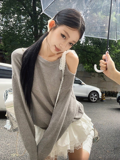 ''Na+''心動突擊 韓系蕾絲拼接蛋糕裙針織兩穿上衣 灰