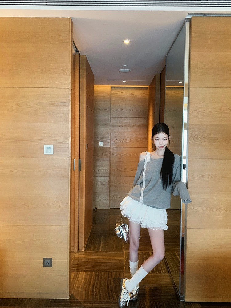 ''Na+''心動突擊 韓系蕾絲拼接蛋糕裙針織兩穿上衣 灰