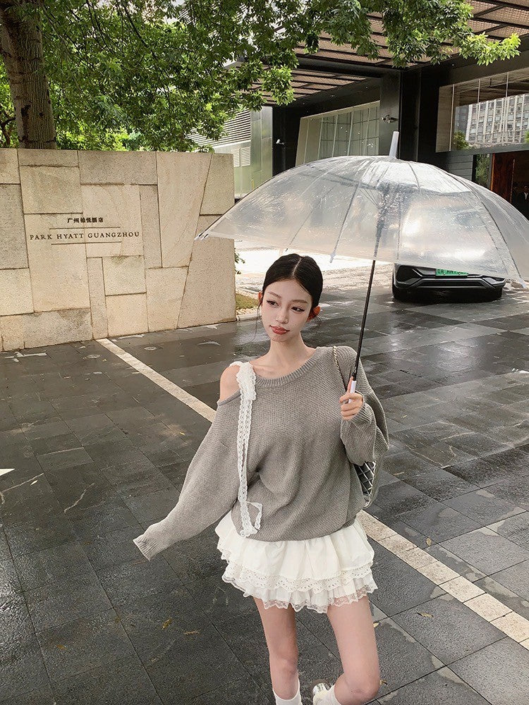 ''Na+''心動突擊 韓系蕾絲拼接蛋糕裙針織兩穿上衣 灰