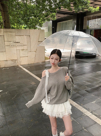 ''Na+''心動突擊 韓系蕾絲拼接蛋糕裙針織兩穿上衣 灰
