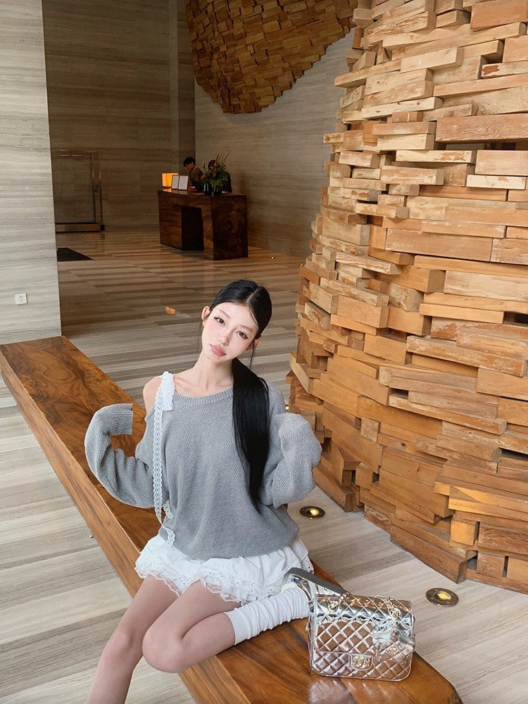 ''Na+''心動突擊 韓系蕾絲拼接蛋糕裙針織兩穿上衣 灰