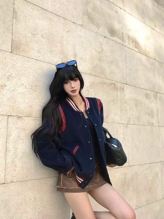 ''Na+''復古英倫 高階撞色皮革拼接棒球外套