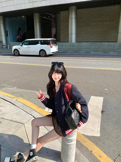 ''Na+''復古英倫 高階撞色皮革拼接棒球外套