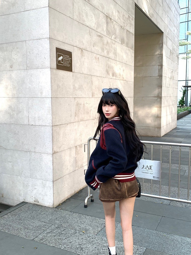 ''Na+''復古英倫 高階撞色皮革拼接棒球外套