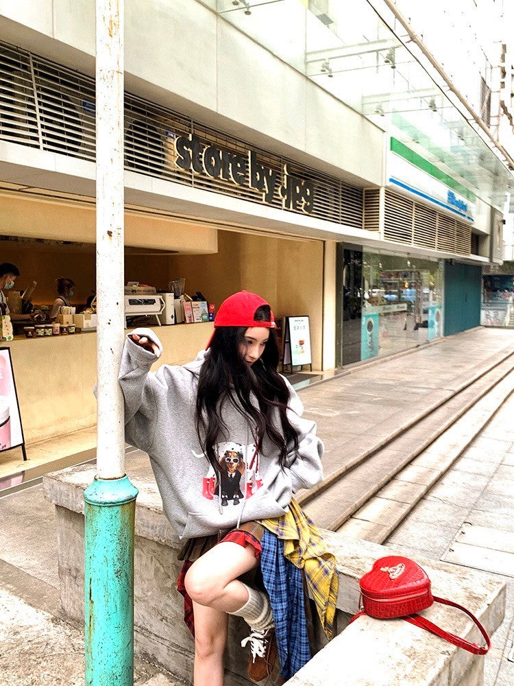 ''Na+''慵懶休閒 美式可愛印花連帽衛衣 灰