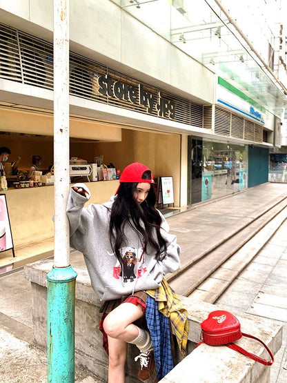 ''Na+''慵懶休閒 美式可愛印花連帽衛衣 灰