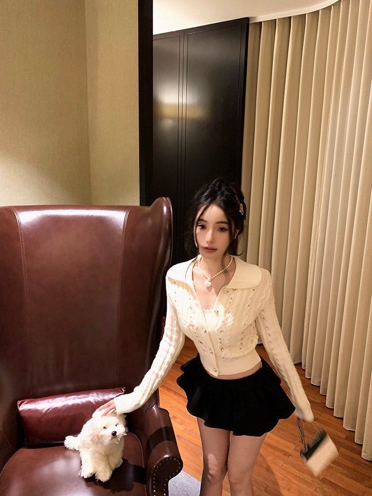 ''Na+''珍珠千金 高克重重工釘珠混羊絨針織上衣