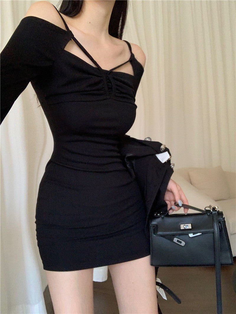 "Na+"撲克少女 黑白撞色排扣小香外套 設計感包臀裙