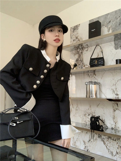 "Na+"撲克少女 黑白撞色排扣小香外套 設計感包臀裙