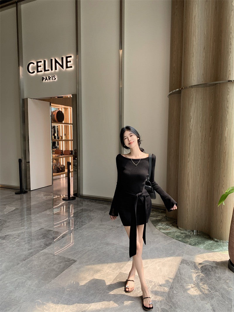 ‘’Na+’’紐約女伶 秋冬針織修身綁帶喇叭袖包臀裙 米色/黑色