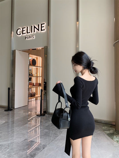 ‘’Na+’’紐約女伶 秋冬針織修身綁帶喇叭袖包臀裙 米色/黑色