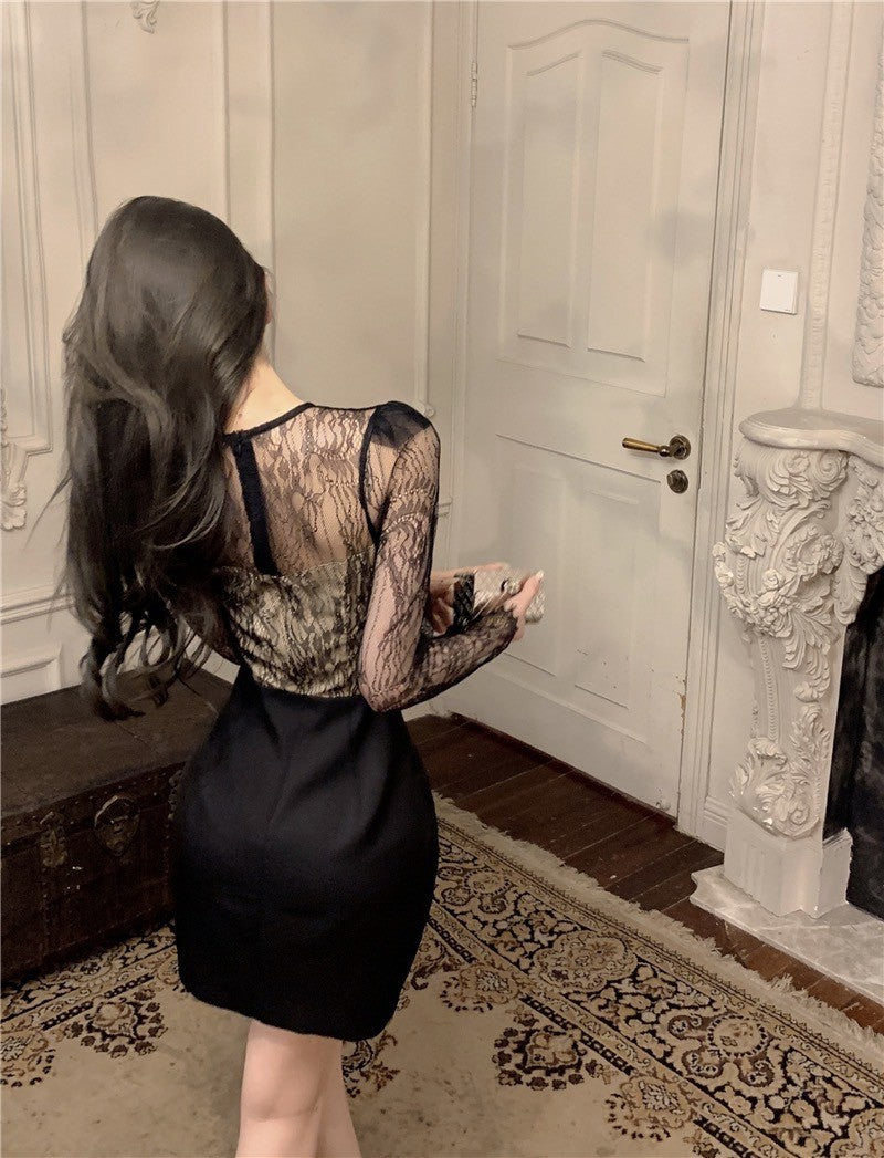 "Na+"貓女郎 法式蕾絲拼接氣質包臀裙 黑