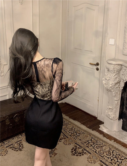 "Na+"貓女郎 法式蕾絲拼接氣質包臀裙 黑