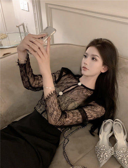 "Na+"貓女郎 法式蕾絲拼接氣質包臀裙 黑