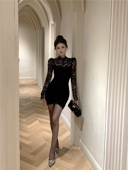 "Na+"古典晚宴會 蕾絲拼接半高領抓皺連身裙 黑