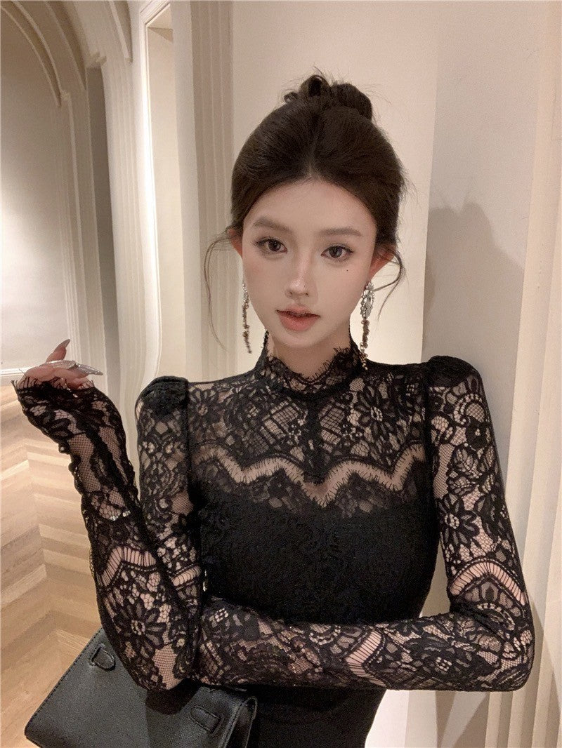 "Na+"古典晚宴會 蕾絲拼接半高領抓皺連身裙 黑