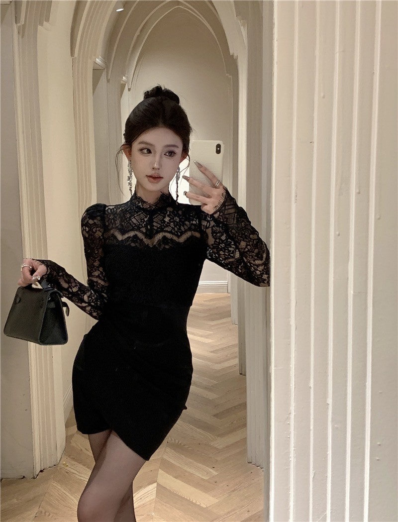 "Na+"古典晚宴會 蕾絲拼接半高領抓皺連身裙 黑