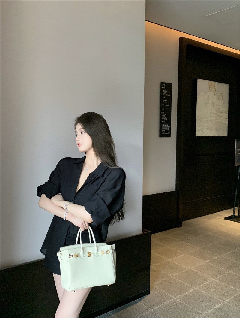 "Na+"悠然慵懶 百搭廓形口袋襯衫 黑