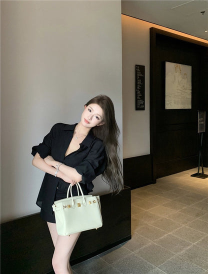 "Na+"悠然慵懶 百搭廓形口袋襯衫 黑