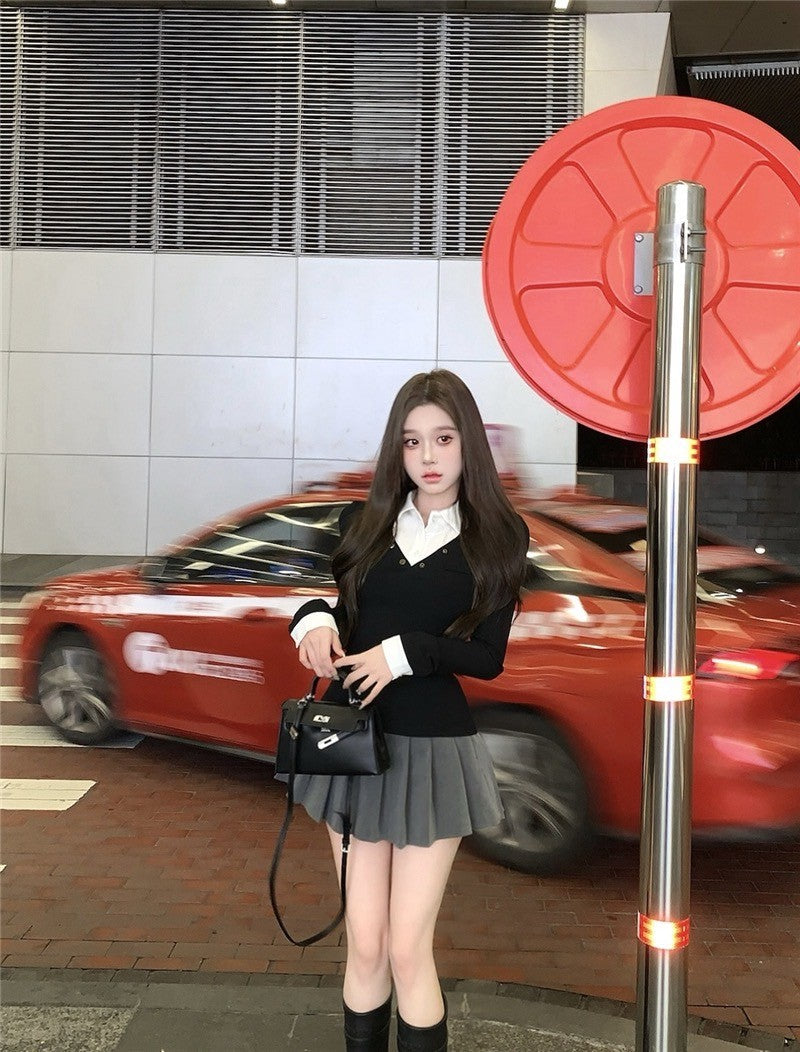 "Na+"學院美少女 假兩件式拼接顯瘦上衣 黑/灰