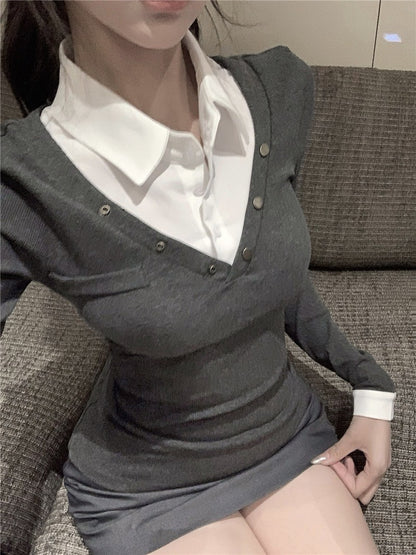 "Na+"學院美少女 假兩件式拼接顯瘦上衣 黑/灰