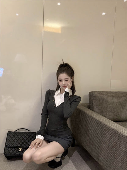 "Na+"學院美少女 假兩件式拼接顯瘦上衣 黑/灰