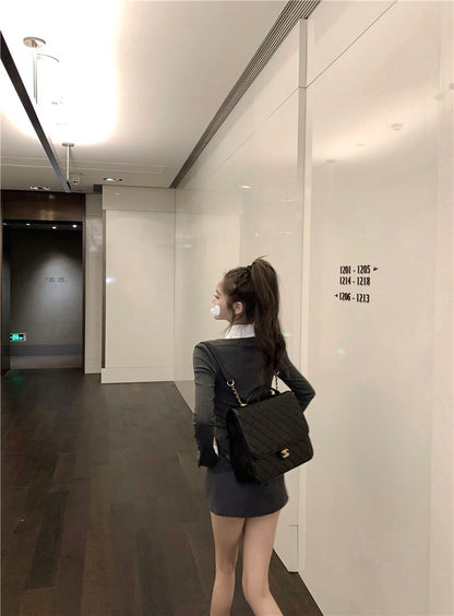 "Na+"學院美少女 假兩件式拼接顯瘦上衣 黑/灰