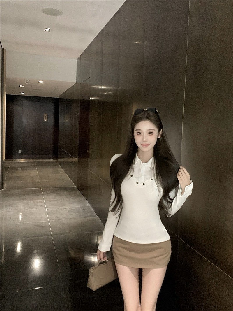 "Na+"學院美少女 假兩件式拼接顯瘦上衣 白