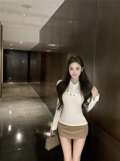 "Na+"學院美少女 假兩件式拼接顯瘦上衣 白