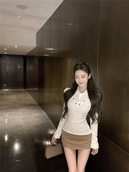 "Na+"學院美少女 假兩件式拼接顯瘦上衣 白