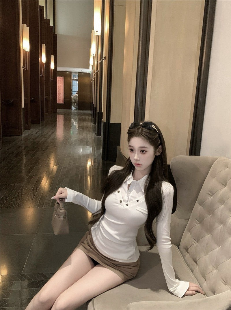 "Na+"學院美少女 假兩件式拼接顯瘦上衣 白