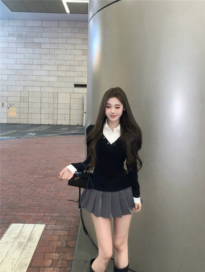 "Na+"學院美少女 假兩件式拼接顯瘦上衣 黑/灰