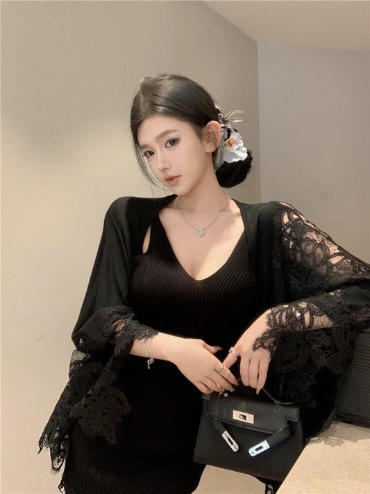 ''Na+''性感魅惑 蕾絲緹花披肩 背心連身裙 黑