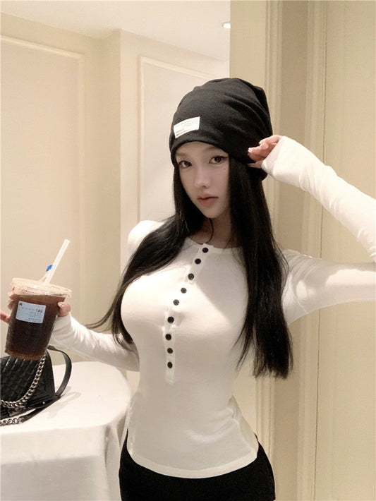 ''Na+''可調鈕扣緊身彈力長袖上衣 黑/白