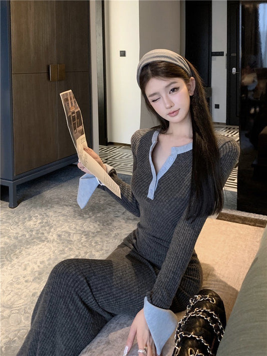 ''Na+''法式穿搭 撞色開袖氣質針織連身長裙 灰拼藍