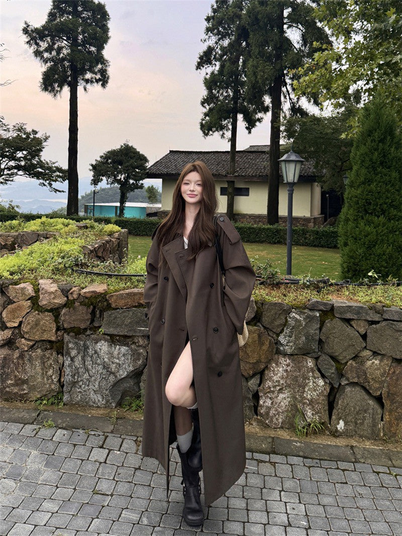 NA+ 大女主Be you雙排扣廓形長款風衣 深茶棕