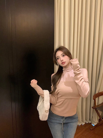 ''Na+''奶糖粉嘟嘟 肉桂粉拼接露肩羊絨上衣