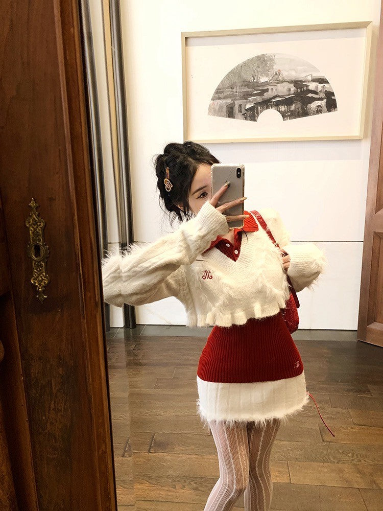 ''Na+''叛逆女高校 學院風短板水貂毛白上衣半身裙打底針織衫 紅
