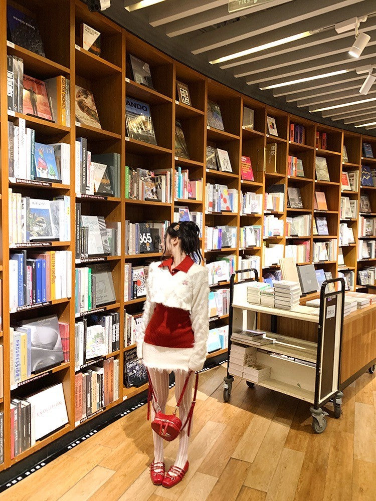 ''Na+''叛逆女高校 學院風短板水貂毛白上衣半身裙打底針織衫 紅