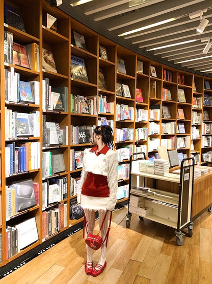 ''Na+''叛逆女高校 學院風短板水貂毛白上衣半身裙打底針織衫 紅