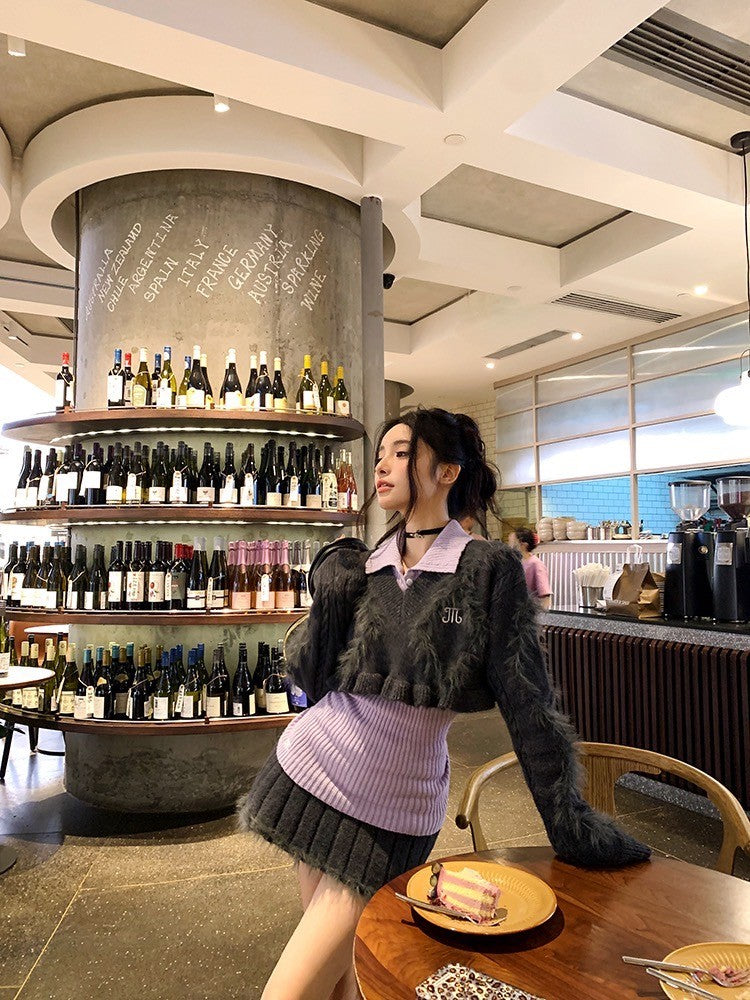 ''Na+''叛逆女高校 學院風短板水貂毛灰上衣半身裙 打底針織衫-紫
