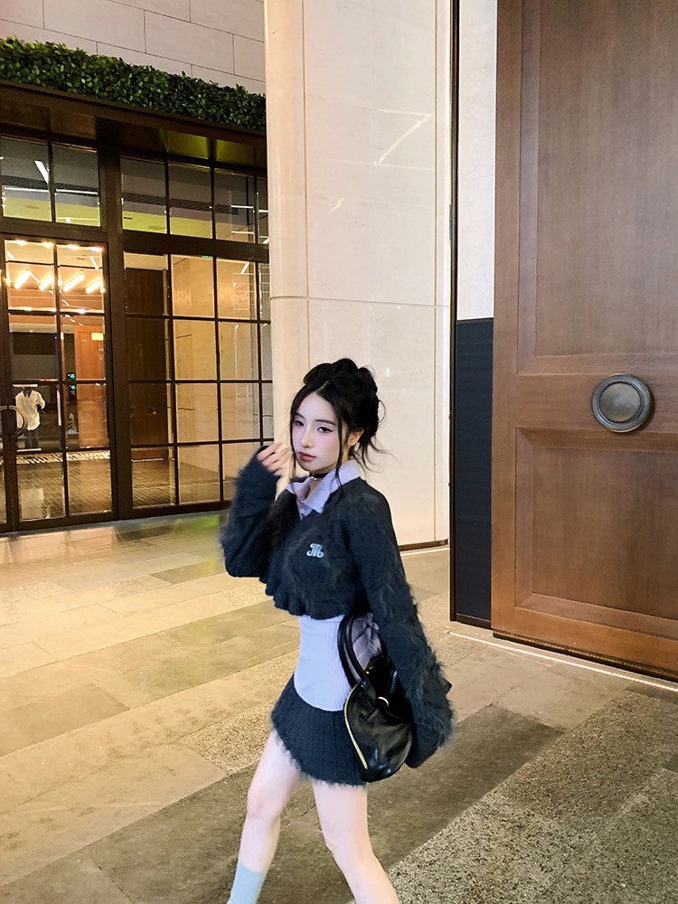 ''Na+''叛逆女高校 學院風短板水貂毛灰上衣半身裙 打底針織衫-紫