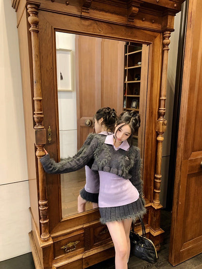 ''Na+''叛逆女高校 學院風短板水貂毛灰上衣半身裙 打底針織衫-紫