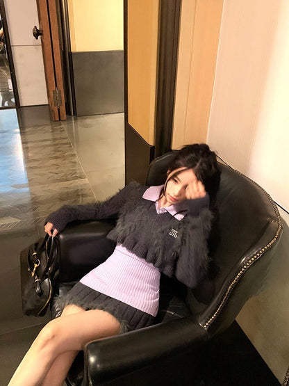 ''Na+''叛逆女高校 學院風短板水貂毛灰上衣半身裙 打底針織衫-紫