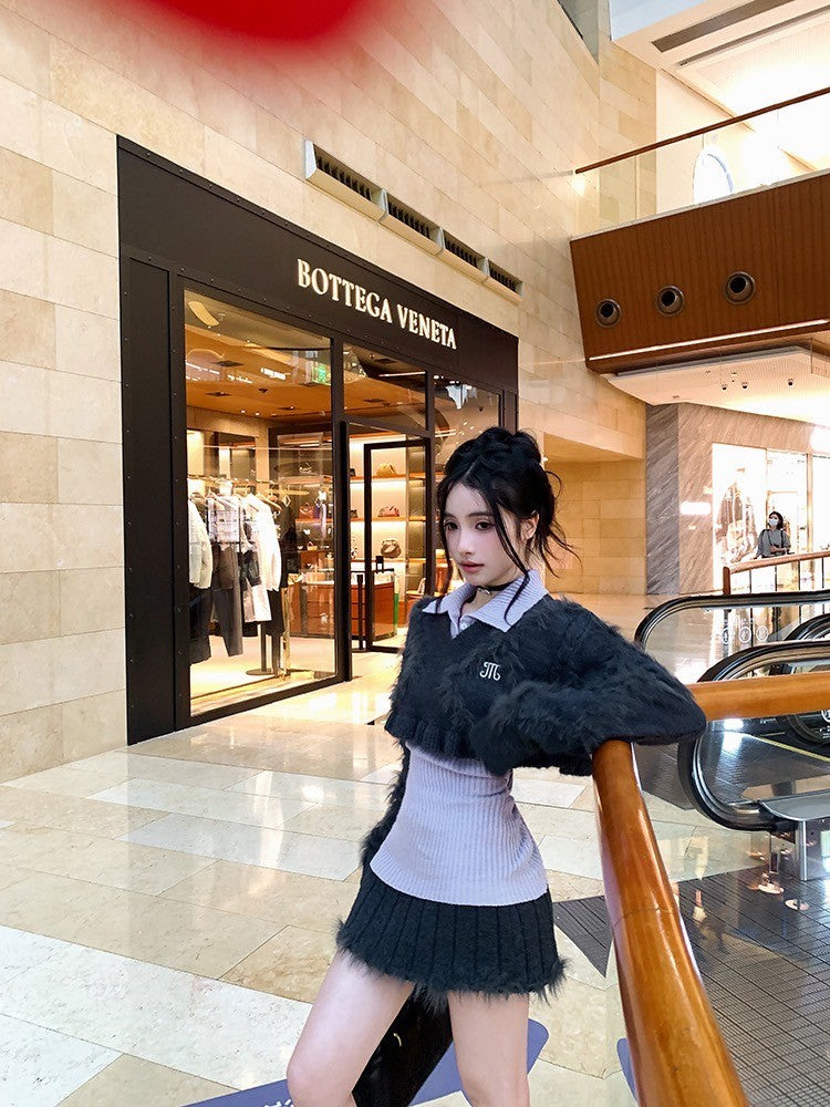 ''Na+''叛逆女高校 學院風短板水貂毛灰上衣半身裙 打底針織衫-紫