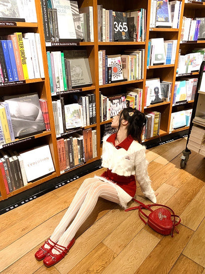 ''Na+''叛逆女高校 學院風短板水貂毛白上衣半身裙打底針織衫 紅