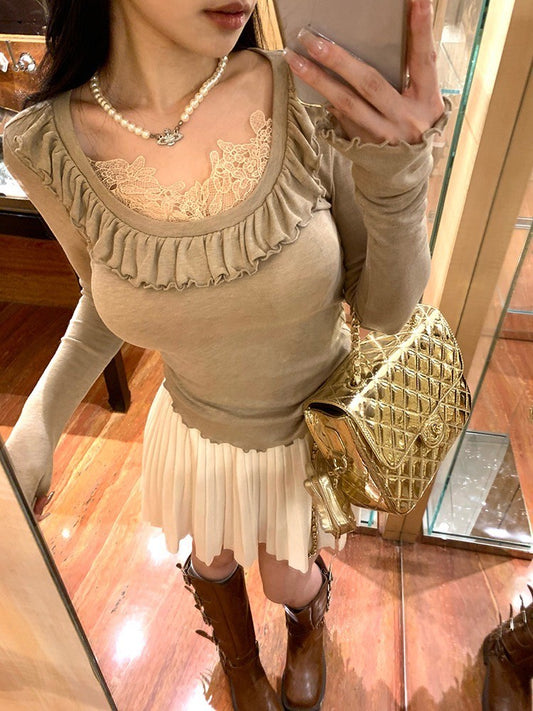 ''Na+''輕氧雲朵 蕾絲空氣感U領顯瘦上衣 卡其