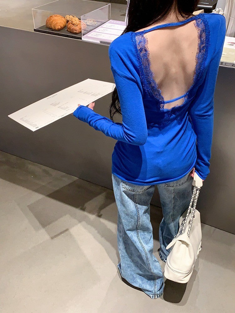 ''Na+''純欲軌跡 辣妹性感露背U領修身上衣 藍